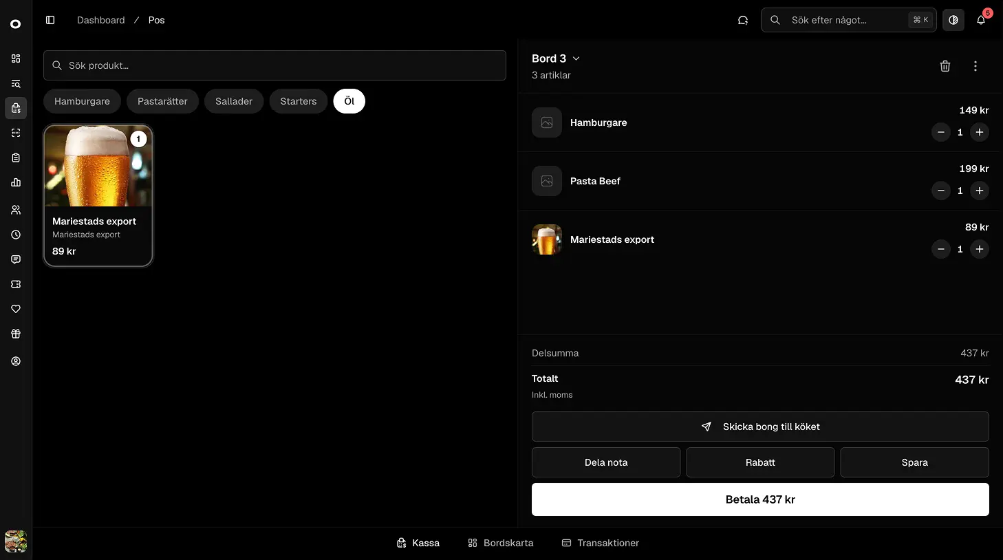 Kassavyn i TableApp med produkter och pågående nota