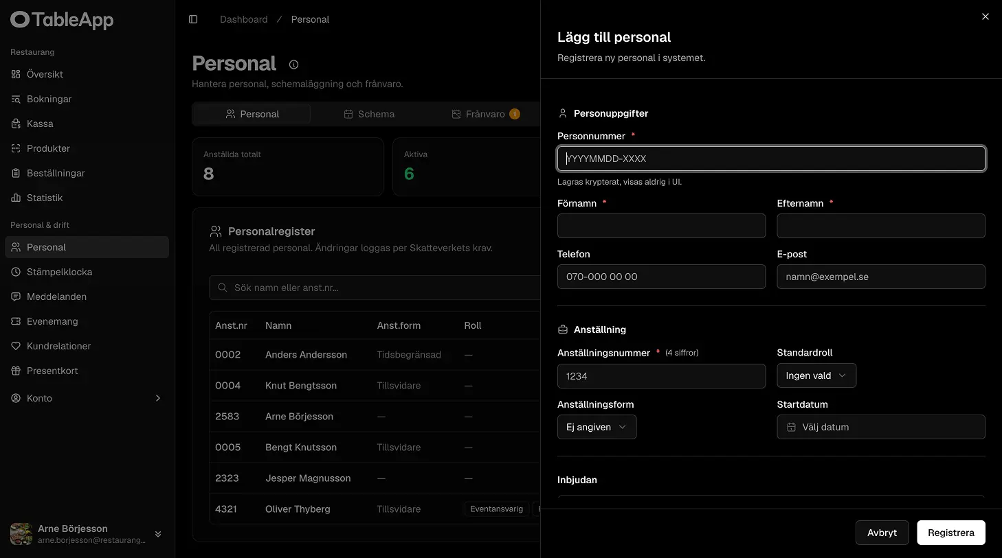 Personalvyn i TableApp med stämpelklocka och schemaöversikt